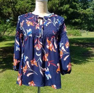 A.N.A smocked floral tie blouse